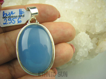 bwe2956 Klasyczny Wisior Duży OKAZ KOJĄCY Błękitny Chalcedon Tarczyca (czakra gardła) SREBRO 925 #