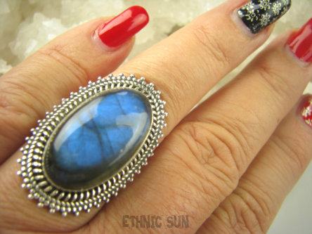 bpe6915 Chabrowy Czarodziej  Piękny Orientalny Pierścień Labradoryt Spektrolit - kamień Zorzy Polarnej r.17 Srebro 925 #