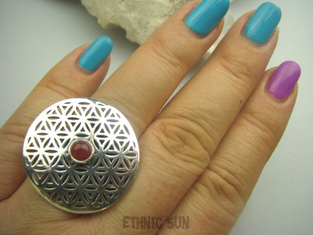 bpe4160 Duży Pierścień KWIAT ŻYCIA - SILNY AMULET OCHRONNY !!!! Ażurowy ORIENTALNY Pierścień Karneol  r.20/r.21 SREBRO 925 #