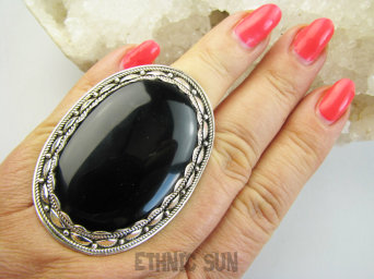 bpe9721 PIĘKNY OLBRZYM 29 g ! Egzotyczny Regulowany Pierścień Pierścionek Czarny ONYKS - kamień zadaniowy r.16, r.17, r.18, r.19 Srebro 925 #