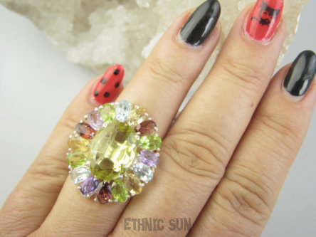 bpee4641 Wooow BOSKO PIĘKNY WIELOBARWNY Lux Pierścień Pierścionek naturalny Cytryn Lemon, Ametyst, Granaty, Oliwin, Blue Topaz r.16 SREBRO 925 #