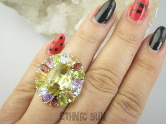 bpee4641 Wooow BOSKO PIĘKNY WIELOBARWNY Lux Pierścień Pierścionek naturalny Cytryn Lemon, Ametyst, Granaty, Oliwin, Blue Topaz r.16 SREBRO 925 #