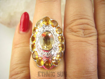 bpee4288 BOSKO PIĘKNY Pierścień Pierścionek naturalne Cytryny, Cytryn oraz Cyrkonie r.14  SREBRO RODOWANE 925 #