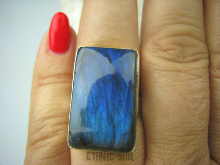 bpe5897 Klasyczny Pierścień Niebieski, Granatowy Labradoryt Spektrolit - kamień odwagi r.17 Lśniące Srebro 925 #