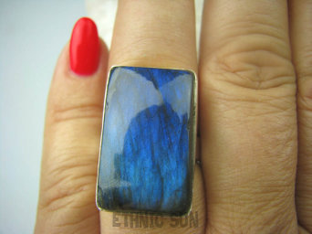 bpe5897 Klasyczny Pierścień Niebieski, Granatowy Labradoryt Spektrolit - kamień odwagi r.17 Lśniące Srebro 925 #