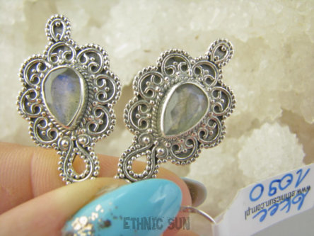 bkee1090 Egzotyczne Uwodzicielki Długie LEKKIE Kolczyki szlifowany Labradoryt Spektrolit Srebro 925