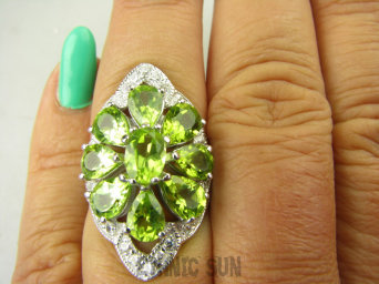 bpee4155 Długi Lśniący Pierścień Pierścionek naturalny Oliwin Perydot oraz Cyrkonie r.18/ r.19 SREBRO RODOWANE 925 #