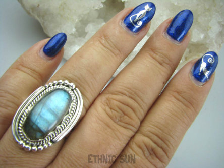 bpe5890 Czarodziejsko Piękny Orientalny Pierścień Niebieski Labradoryt Spektrolit - kamień Zorzy Polarnej r.20 Srebro 925 #