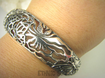 bb3574 FANTASTYCZNA Ażurowa WYGODNA Otwarta Bransoleta różnorodne Motyle egzotyczna duża 22g cała ze srebra Bransoletka roślinne wzory Motyl Srebro 925 #
