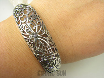 bb3574 FANTASTYCZNA Ażurowa WYGODNA Otwarta Bransoleta różnorodne Motyle egzotyczna duża 22g cała ze srebra Bransoletka roślinne wzory Motyl Srebro 925 #
