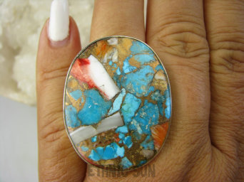 bpe8156 Wielobarwny Duży 3.8cm/3 cm Pierścień OSTRYGOWY TURKUS MIEDZIANY Turkus OSTRYGA Muszla złota MIEDZ r.19 Srebro 925 #