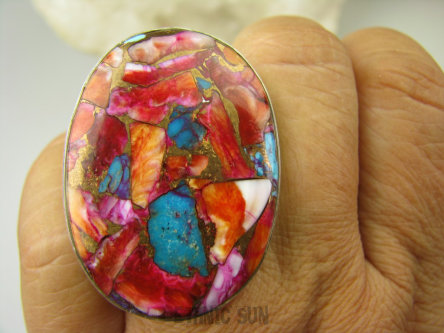 bpe8424 Boski Wielobarwny OKAZ 4 cm / 2.8 cm Pierścień Pierscionek OSTRYGOWY TURKUS MIEDZIANY Mojave OSTRYGA Muszla złota MIEDZ r.21/ r.22 Srebro 925 #