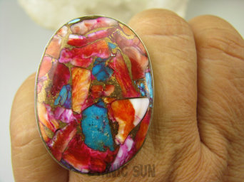 bpe8424 Boski Wielobarwny OKAZ 4 cm / 2.8 cm Pierścień Pierscionek OSTRYGOWY TURKUS MIEDZIANY Mojave OSTRYGA Muszla złota MIEDZ r.21/ r.22 Srebro 925 #