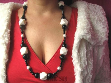 bn107 Biało-Czarna Elegancja !!!! Długi DUŻY Naszyjnik Kolczyki Biały Koral Kruczoczarny Onyks Srebro