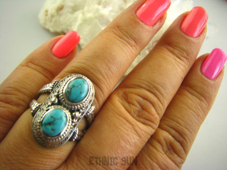 bpe3062 Cudny PIERŚCIEŃ Greckie wzory naturalny TURKUS - opiekun ciała i duszy Turkusy r.20 Srebro 925 #