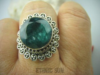 bpee2858 Kunsztowny Pierścień zielony Szmaragd Indyjski Szmaragdy r.22/ r.23 Duży Rozmiar Srebro 925 #