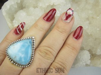 bpe9537 MOCNO BŁĘKITNY Anielski Pierścień Pierścionek Rzadki Larimar (kamień Anielski ) - stawy, serce lęki, otwiera czakrę gardła r.15 Srebro 925 #