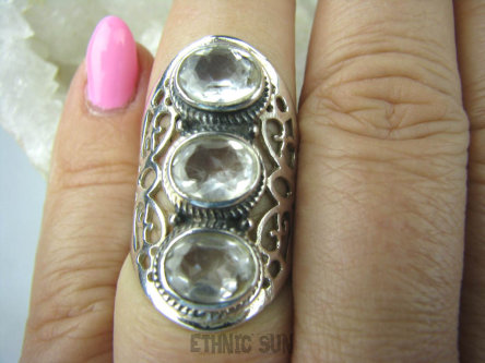 bpee3493 Długi 3,2 cm Cudny Pierścień Bezbarwny Kryształ Górski - naturalny odpromiennik r.18  ażurowa obrączka SREBRO 925 #