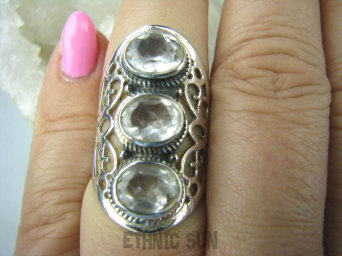 bpee3493 Długi 3,2 cm Cudny Pierścień Bezbarwny Kryształ Górski - naturalny odpromiennik r.18  ażurowa obrączka SREBRO 925 #