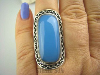 bpe3651 Błękitno - Niebieski CHALCEDON (TARCZYCA) Długi 4.1 cm Pierścień z chalcedonem r.16 Srebro 925 czakra gardła #