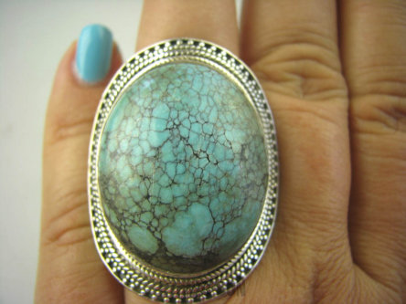bpe6345 PRZEPIĘKNY Wielki 4cm  23 g Pierścień naturalny niebieski TURKUS - opiekun ciała i duszy r.16 Srebro 925 #