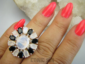 bpee4590 MAX BLASK Szachownica Dwubarwny Regulowany Pierścień Pierścionek szlif Kamień Księżycowy, Czarny Onyks r.13, r.14, r.15, r.16 Srebro 925 #