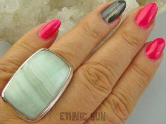 bpe2541 Jasno MIĘTOWO- SZARY  DUŻY Prostokąt Pierścień naturalny Aragonit neutralizowanie szkodliwych wpływów w DOMU - cieki wodne promieniowanie, zły sen r.17 Srebro 925 #