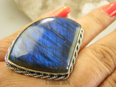 bpe9136 CUDOWNY DUŻY 26G OKAZ Regulowany Pierścień Pierścionek Granatowy Labradoryt Spektrolit kamień odwagi r.18, r.19, r.20, r.21, r.22, r.23 Srebro 925 #