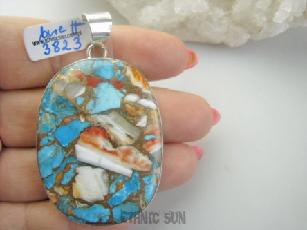 bwe3823 FANTASTYCZNY duży Wisior 6,4cm /3,7 Wielobarwny aż 24G OSTRYGOWY TURKUS MIEDZIANY Mojave OSTRYGA Muszla złota MIEDZ Srebro 925 #