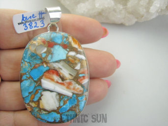 bwe3823 FANTASTYCZNY duży Wisior 6,4cm /3,7 Wielobarwny aż 24G OSTRYGOWY TURKUS MIEDZIANY Mojave OSTRYGA Muszla złota MIEDZ Srebro 925 #