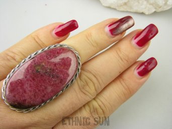 bpe8708 UFFFF CACKO   Duży OKAZ 25G !!! Regulowany Długi Pierścień Pierścionek RODONIT - Niepokój, stres, bóle głowy, skurcze r.13, r.14, r.15, r.16, r.17, r.18 Srebro 925 #