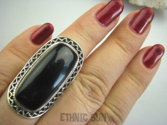 bpe4384 MAŁY ROZMIAR r.12/ r.13  Długi 3.9 cm Pierścień z onyksem ONYKS regeneruje SERCE, EGZEMY, PAMIĘĆ  Srebro 925 #