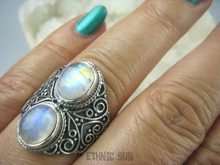 bpe5804 Podwójna Księżycowa Piękność Egzotyczny Pierścień KAMIEŃ KSIĘŻYCOWY z tęczą r.19/ r.20 zdobione Srebro 925 #