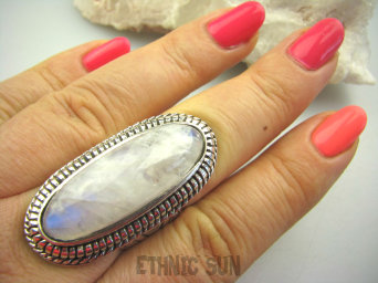 bpe4206 DŁUGI Gigant 4,3 cm Masywny 22 gramy ORIENTALNY Cudo Pierścień Kamień Księżycowy r.19/ r.20 Srebro 925 #