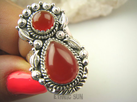 bpe9546 Ufff Cacko Czarodziejsko Piękny Długi 3.4 cm Orientalny Pierścień Pierścionek czerwony Onyks r.19 Srebro 925 #