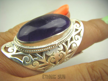 bpe4750 Śliczny Ażurowy DŁUGI 4.1 cm Pierścień naturalny Ametyst - kamień mądrości r.16/ r.17 lśniące Srebro 925 #