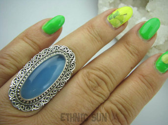 bpe6032 Piękny Egzotyczny Pierścień Szary, Błękitny CHALCEDON czakra gardła (TARCZYCA)  r.18 Srebro 925 #