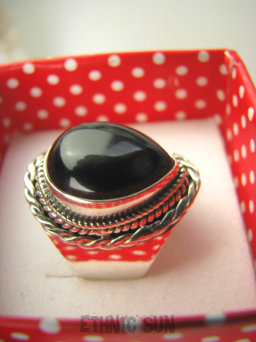 bpe6535 Orientalny Delikatny Pierścień czarny ONYKS regeneruje SERCE, EGZEMY, PAMIĘĆ r.17 Srebro 925 #