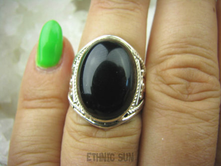 bpe6772 Śliczny Orientalny Pierścień Czarny ONYKS regeneruje SERCE, EGZEMY, PAMIĘĆ r.15 ażurowa obrączka Srebro 925