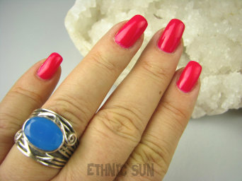 bpee3667 CUDOWNY Pierścień szlifowany Niebieski Chalcedon (tarczyca) CZAKRA GARDŁA r.20 szeroka obrączka Srebro 925 #