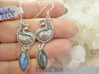 bke1149 Królewski Paw - symbol nieśmiertelności CUDOWNE Długie 6 cm Kolczyki Labradoryt Spektrolit Srebra SREBRO 925