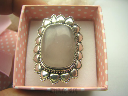 bpe4050 Duży 3,5 cm Kwiat Masywny Pierścień Pastelowo CIELOSTO BLADO RÓŻOWY KWARC Różowy Kamień mocnego SERCA  r.16/ r.17 Srebro 925 #