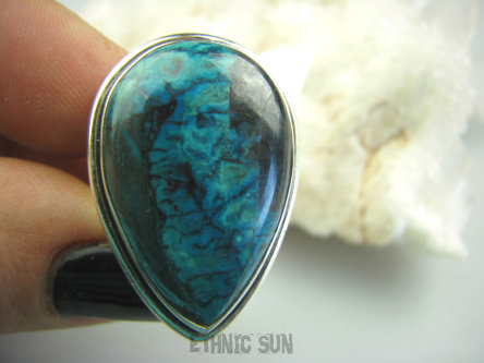 bpe4482 Uff cudowna CHABROWO-ATRAMENTOWA  KROPLA Klasyczny Pierścień AZURYT Z CHRYZOKOLĄ RZADKOŚĆ r.21/ r.22 Srebro 925 #