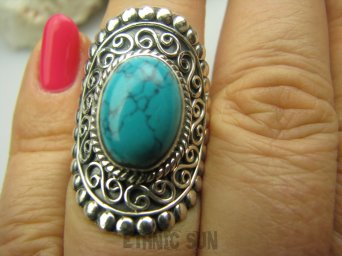 bpe4185 Biżuteria Egzotyczna !!! Kunsztowny Niesamowity Pierścień Turkusowy Howlit r.14 orientalne Srebro 925 # mały rozmiar 