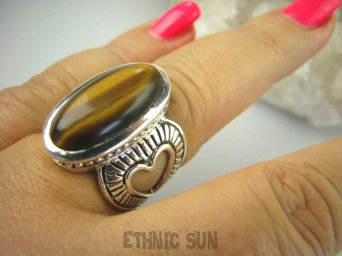 bpe6441 MIŁOSNA KOLEKCJA  SERCE !!!! Wspaniały Masywny Pierścień Tygrysie Oko - wspomaga choroby Oczy Astma Krążenie i TRAWIENIE r.17 Srebro 925 #