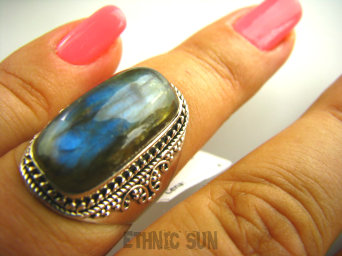 bpe3053 Biżuteria Orientalna !!! Delikatny Pierścień LABRADORYT Spektrolit - kamień Zorzy Polarnej r.16/r.17 SREBRO 925 #