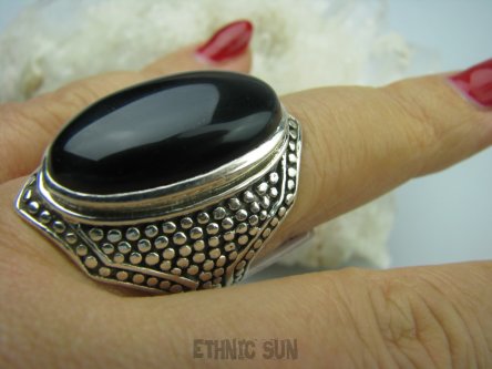 bpe5404 Niezwykły OKAZ Masywny Pierścień naturalny CZARNY ONYKS SERCE, EGZEMY,PAMIĘĆ r.20/ r.21 Srebro 925 #