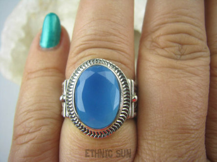 bpee3220 Elegancki Pięknie Zdobiony Pierścień szlifowany Chalcedon (tarczyca) CZAKRA GARDŁA r.14/ r.15 Srebro 925 # 