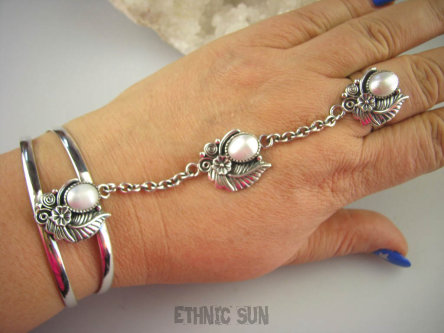 bb3019  Perła Komplet  BANGLA 40 gramów ! Bransoleta i Pierścień Regulowany od r.16 r.17, r.18, r.19, r.20, r.21, r.22 Perły Nawaho Orle Pióro Srebro 925