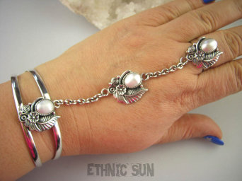 bb3019  Perła Komplet  BANGLA 40 gramów ! Bransoleta i Pierścień Regulowany od r.16 r.17, r.18, r.19, r.20, r.21, r.22 Perły Nawaho Orle Pióro Srebro 925